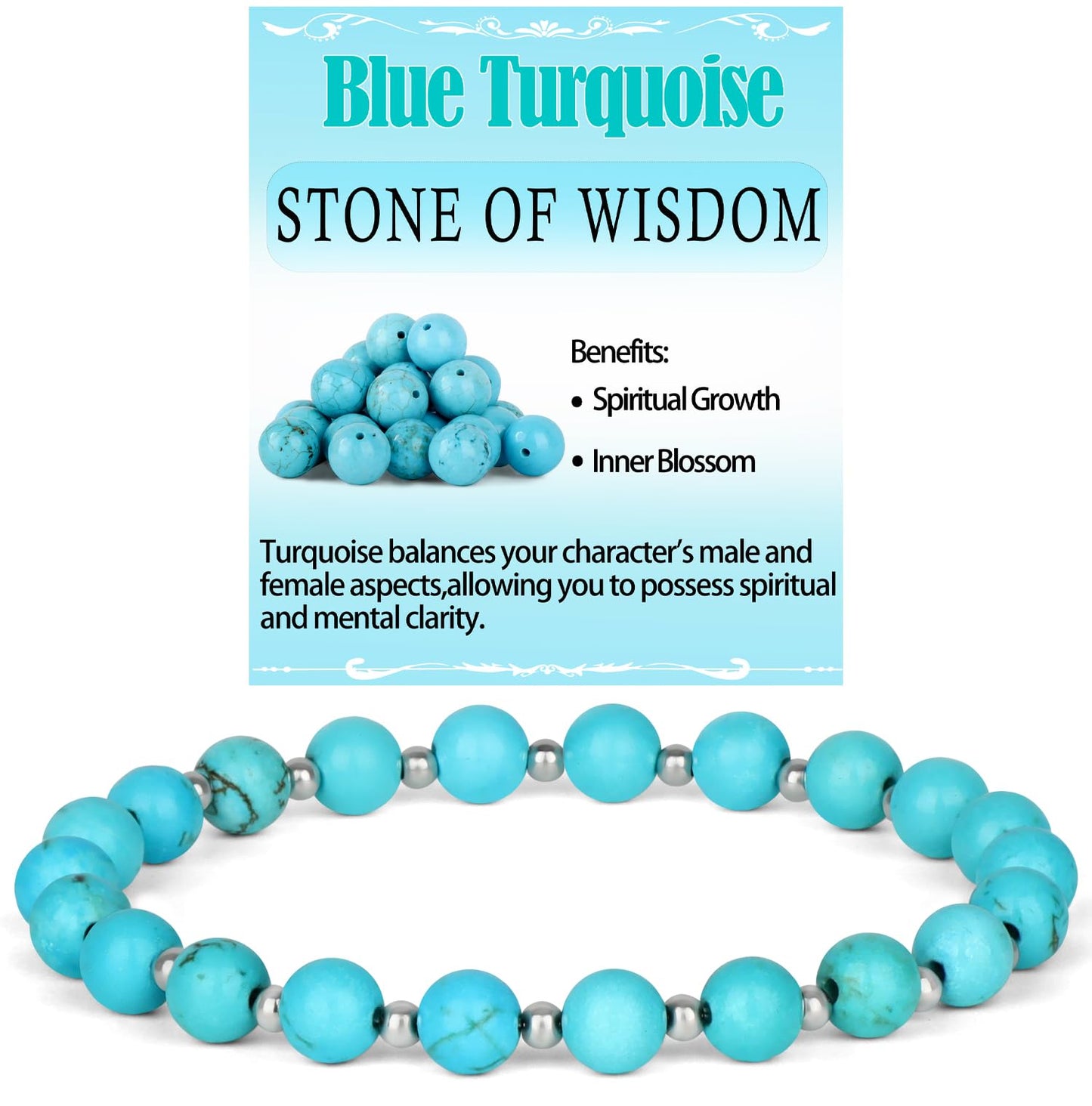 QOGIR Blue Turquoise - Stone of Wisdom - Stainless Silver Beads Natural Gemstone Stretch Elastic Dainty Healing Beaded Bracelets Gifts 6mm