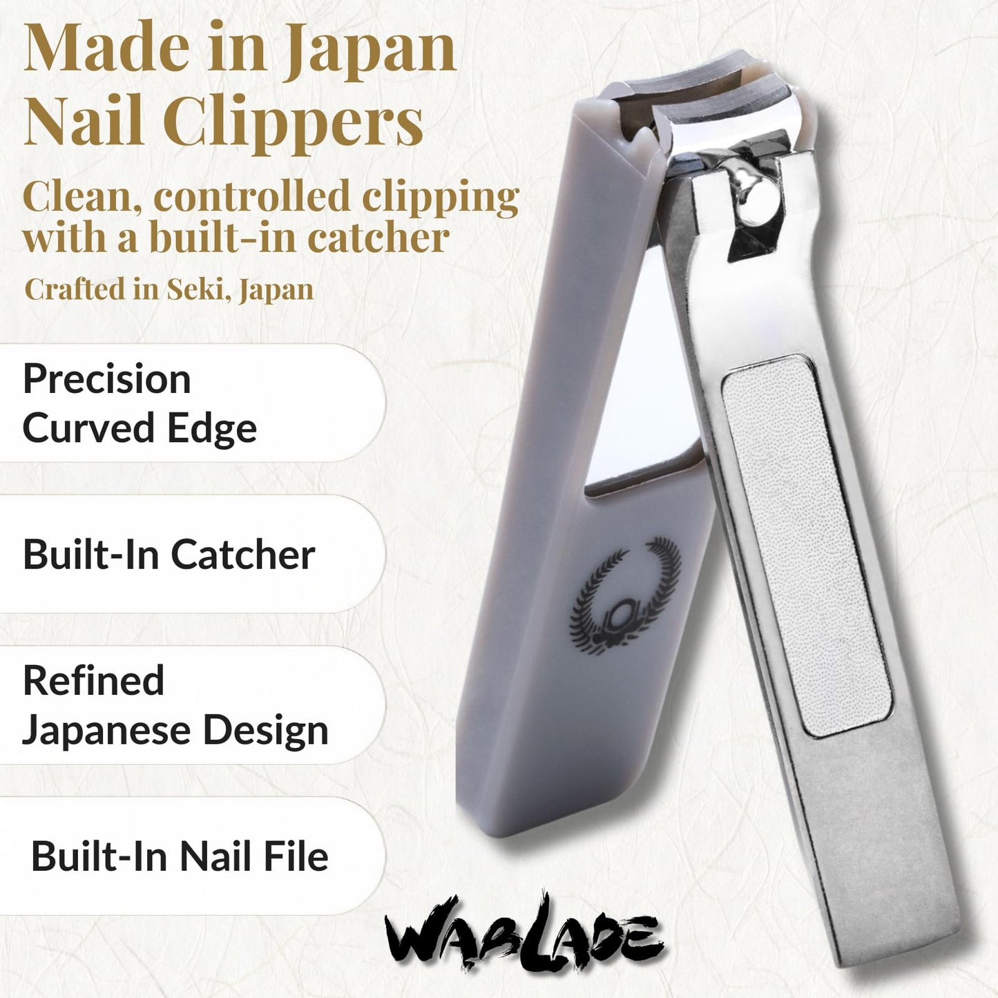 Wablade Japanese Nail Clippers, 2.8 Inch, Made in Seki Japan, Curved Carbon Steel Blade, Built-in Catcher & Nail File, Clean Controlled Trimming for Fingernails & Toenails (Silver)