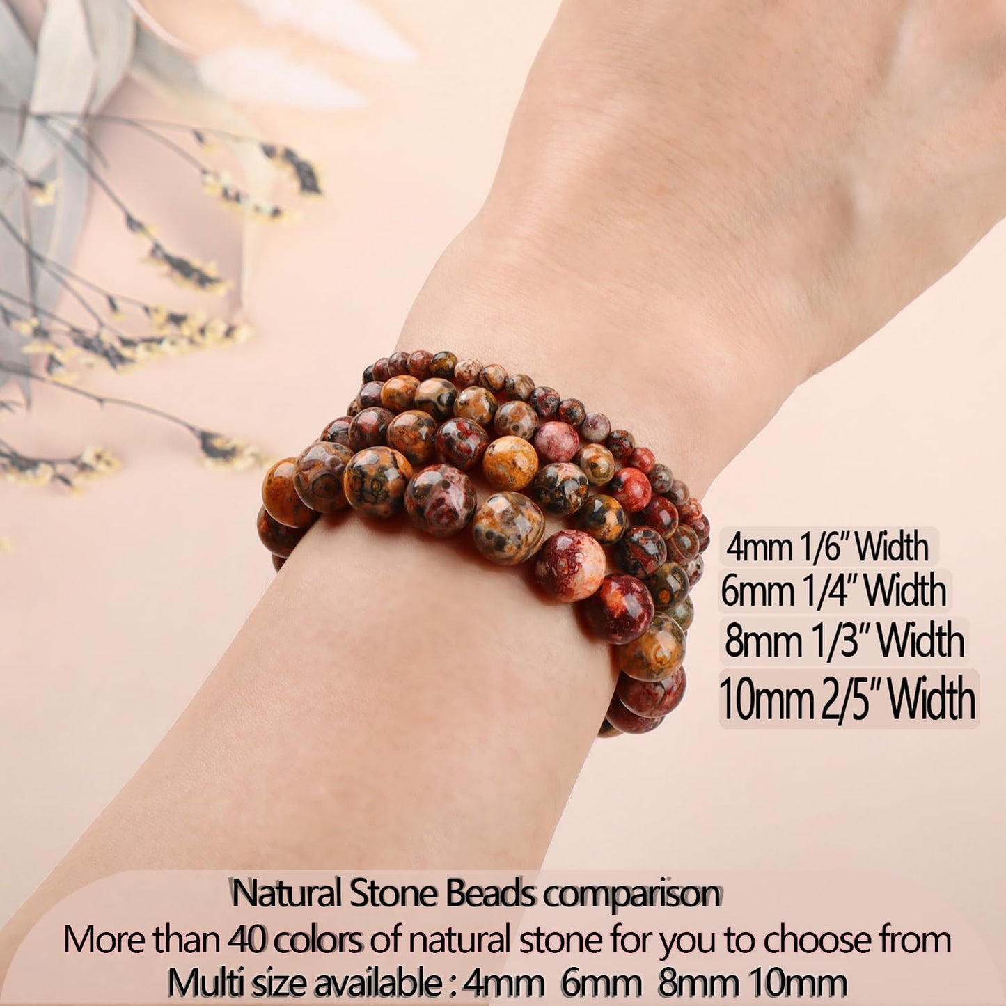 LPBeads Handmade Natural Gemstone Stretch Elastic 10mm Leopard Jasper Bracelet Healing Crystal Round Stone Beads Jewelry Gifts for Women Men
