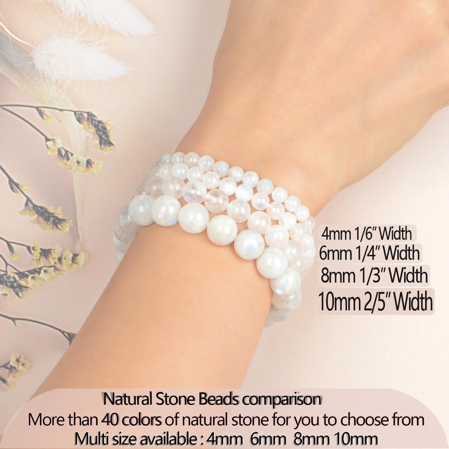 LPBeads Handmade Natural Gemstone Stretch Elastic 10mm Moonstone Bracelet Healing Crystal Round Stone Beads Jewelry Gifts for Women Men