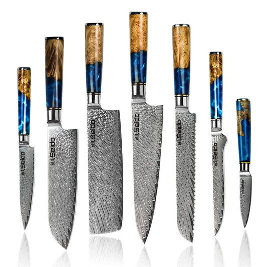 Seido Knives 7-Piece Executive Damascus Steel Knife Set with Japanese VG-10 Super Steel Core - Home Kitchen Knife Set - Professional Design Handle Blue Resin Epoxy and Strong Stabilized Wood
