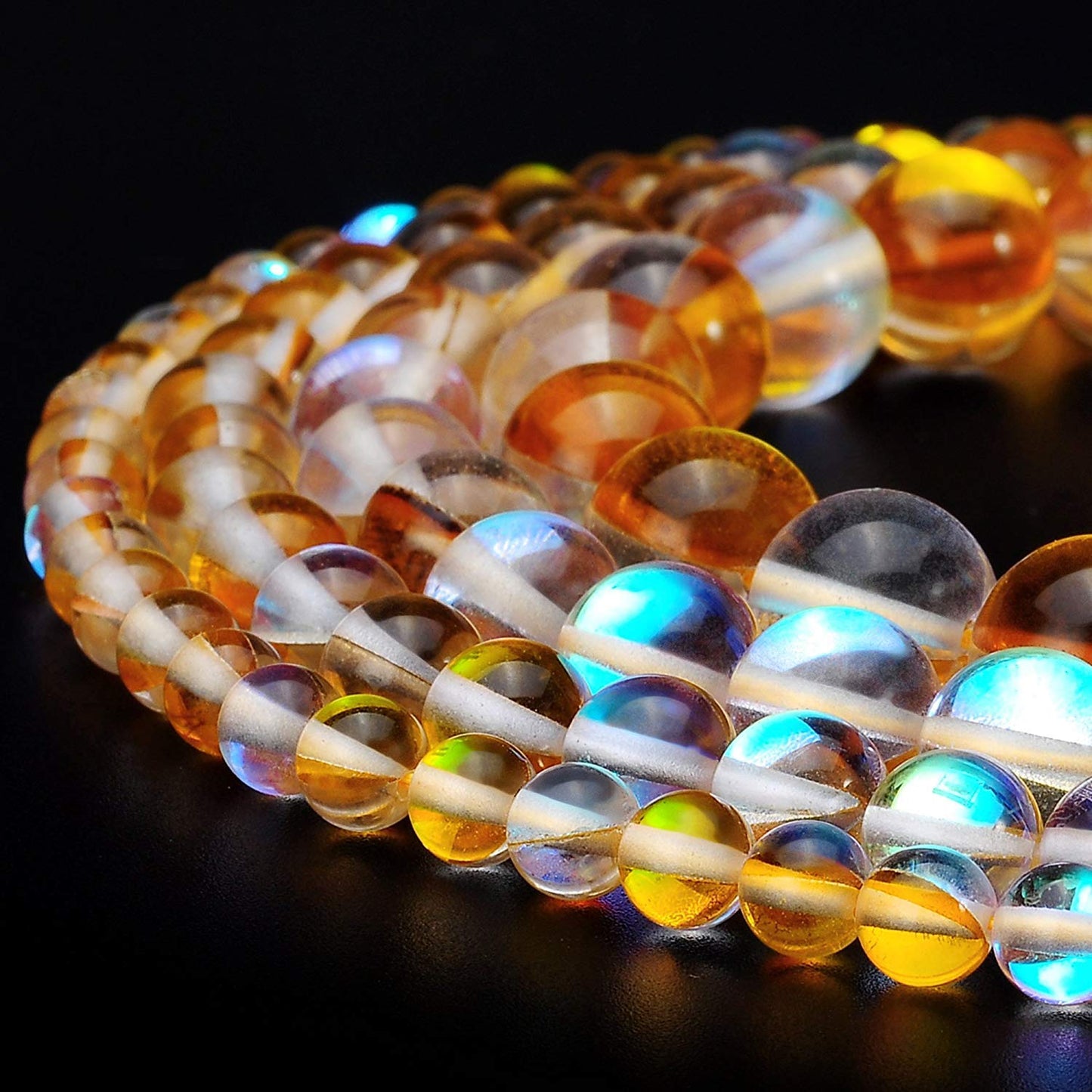 RUBYCA Round Moonstone Crystal Glass Beads Aura Iridescent for Jewelry Making (1 Strand, 6mm, Gold)