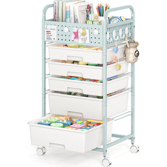 5 Drawer Rolling Storage Cart with Pegboard Top and Hooks, Mobile Utility Organizer with Wheels for Office Supplies, Craft Storage, Classroom Organization, Home Storage Cart, Green