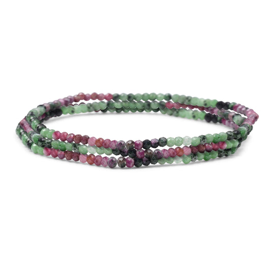 Bling Jewelry Genuine Natural Tiny Rose Ruby Green Zoisite Faceted Ombre Multicolor Petite Seed Caviar Rondelle Beads Stretch Bracelets For Women Teens Stackable Set of 3 Strands