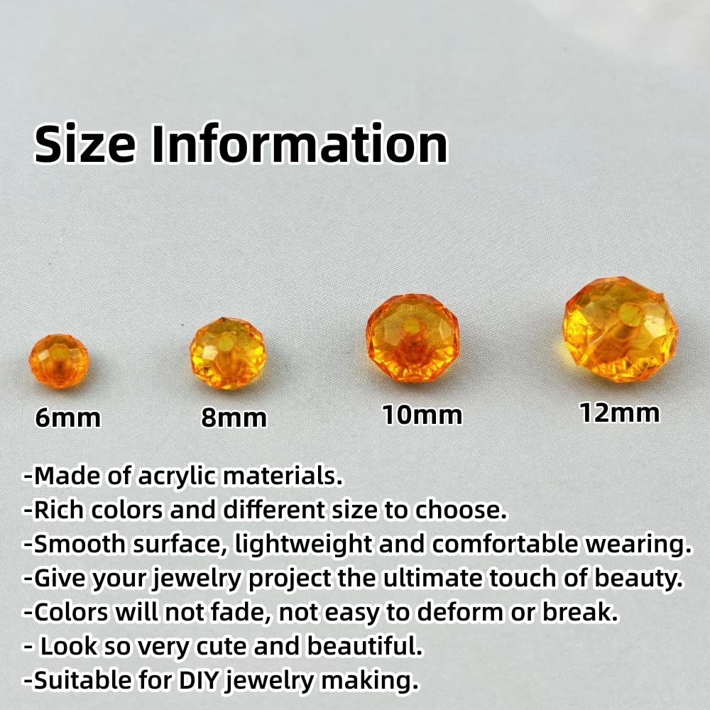 YHYPOCI 200pcs 10mm Acrylic Crystal Beads, Faceted Rondelle Acrylic Spacer Beads for Wind Chimes Bracelet Necklace Earring Keychain Jewelry Making DIY Crafts(Orange)