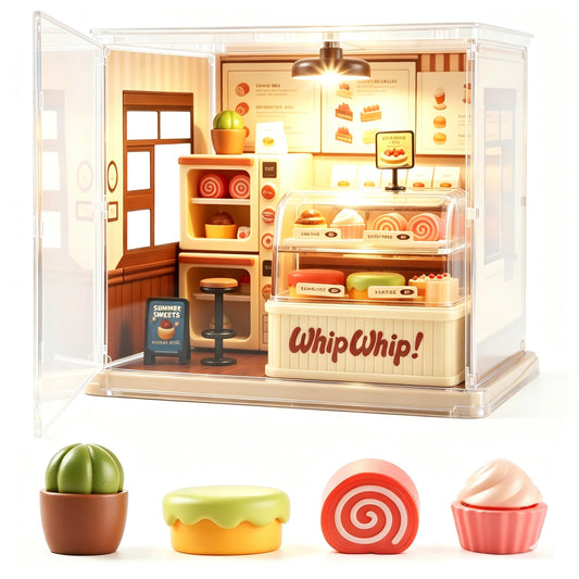Lydaz DIY Miniature House Kit, Mini House Building Kit for Adults, Tiny House Kit with Furniture, Miniature Dollhouse Kits with Dust Cover, Craft LED Decor Birthday Gifts for Family Her(Dessert House)