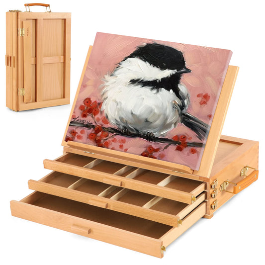VISWIN Large Tabletop Easel with 3 Storage Drawers, Adjustable Beech Wood Table Top Easel for Painting, Portable Sketch Box for Art Supplies, Desktop Travel Art Easel for Adults, Artists, Students
