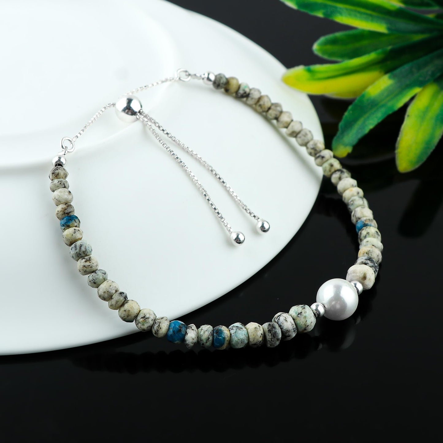 CRYSTALINES Natural K2 Jasper Gemstone Bolo Bracelet & Pearl, Faceted Beads Stones, Handmade Bohemian Jewelry for Women, Healing Crystals Gift, Hypoallergenic Silver Adjustable Chain 6+4inch