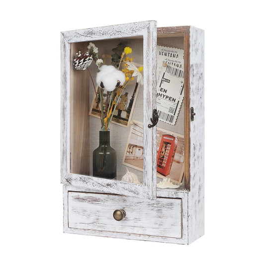 Butizone Shadow Box Frame, 3.2” Deep Shadow Box Display Case with Real Glass and Drawer, Rustic Wood Memory Boxes for Pictures, Flowers, Memorial, Medals, Wedding Bouquet for Wall or Tabletop, White