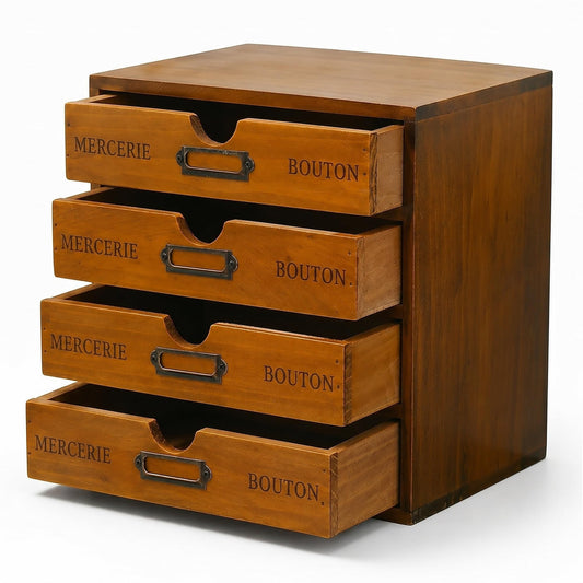 Modular Stackable Apothecary Cabinet 4 Drawer Desk Organizer - Retro Library Card Catalog Wood Storage Box - Organize Stationery, Thread Embroidery, Sewing, Crafts, Junk Drawer & Supplies Countertop