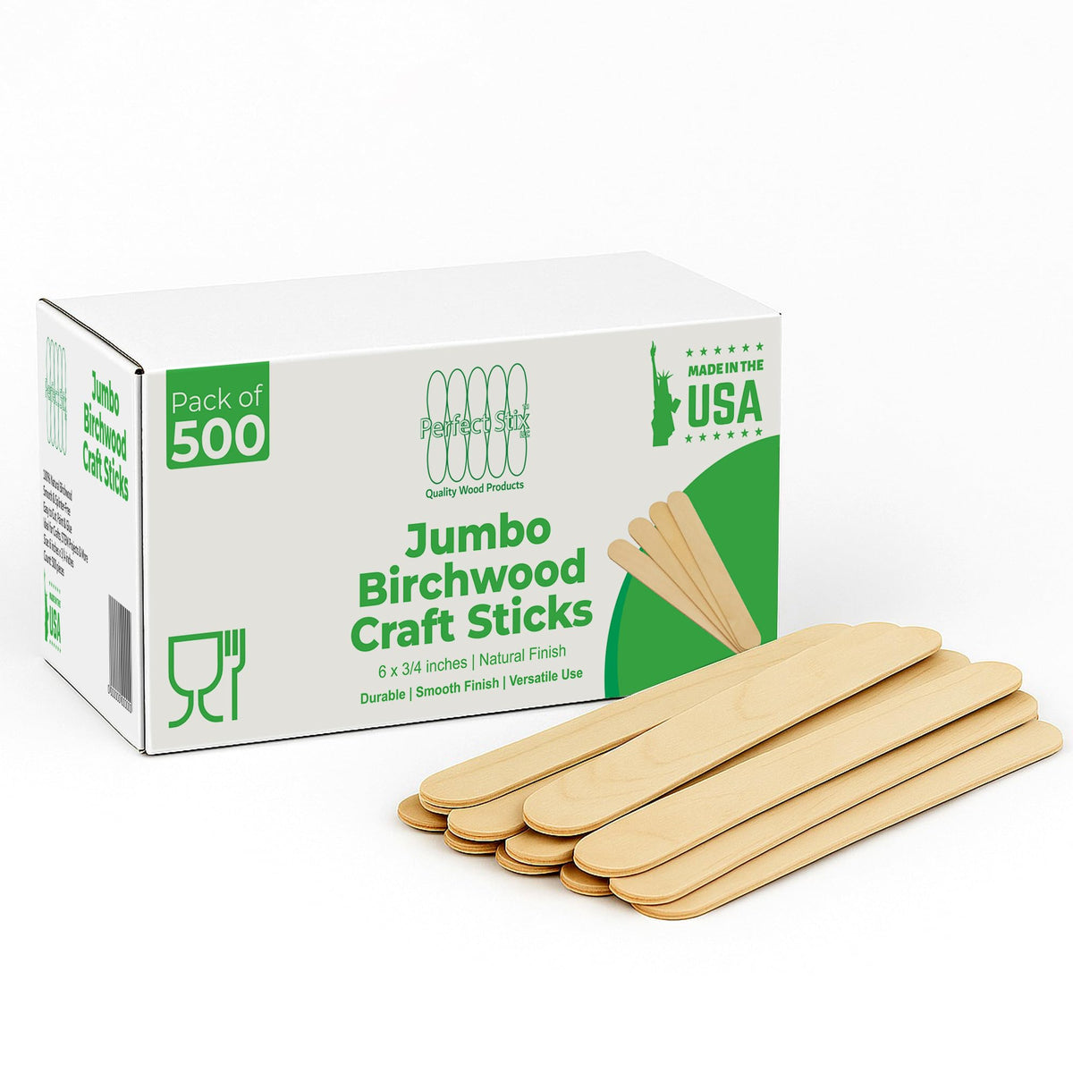 Perfect Stix Jumbo Birchwood Craft Sticks, 6 x 3/4 inches, Natural, 500 Count, Made in USA