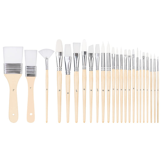 Amazon Basics Multi-shaped Polyester Paint Brushes for Acrylic, Oil, Watercolor, Gouache, Fine Detailing, Face Painting, 24 Count Different Sizes, Wood Color