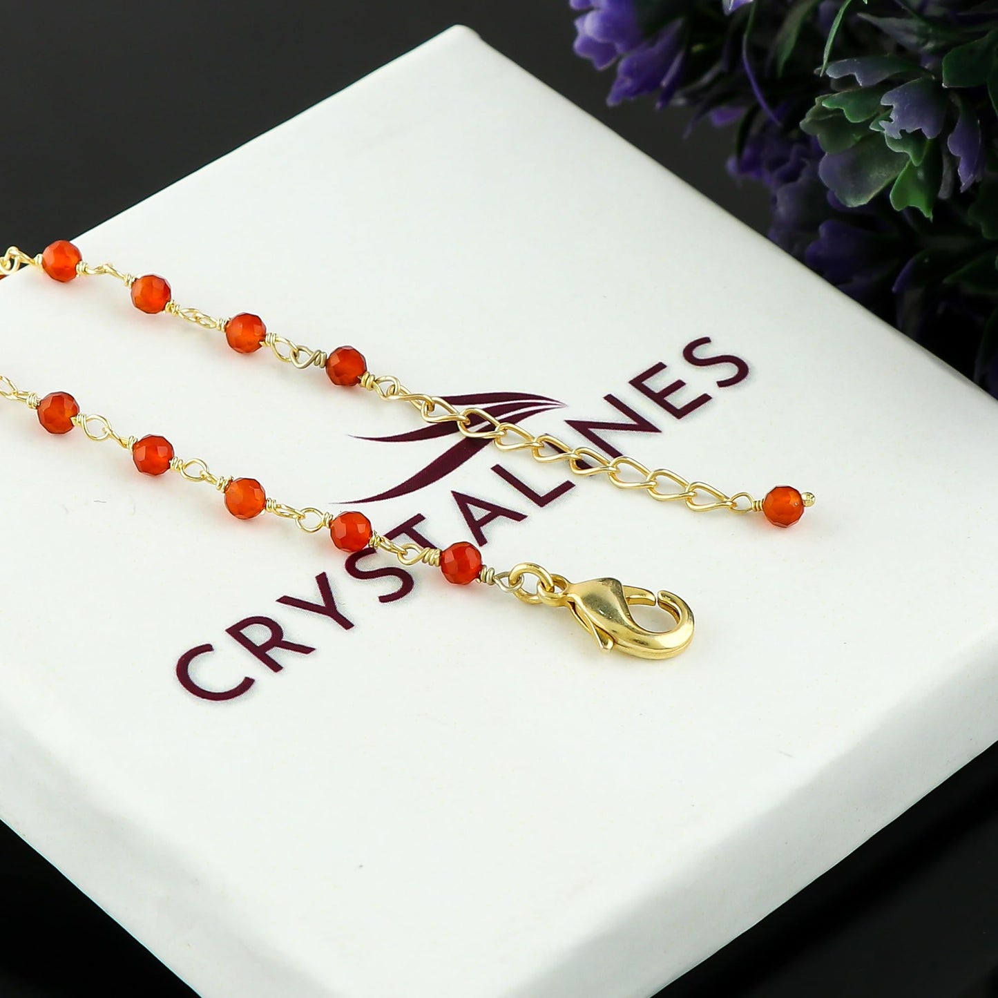 CRYSTALINES Natural Carnelian Gemstones Bracelet Handmade Hypoallergenic Gold Plated Jewelry for Women Healing Crystals Microfaceted Beads Rosary Chain Boho Birthday Bracelet, 7+1inch