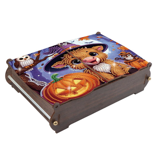 antor DIY Diamond Painting Wooden Storage Box, Halloween Cow and Pumpkin Special Shaped Rhinestone Art Flip Cover Organizer, Handmade Desktop Diamond Art Storage Box Decor