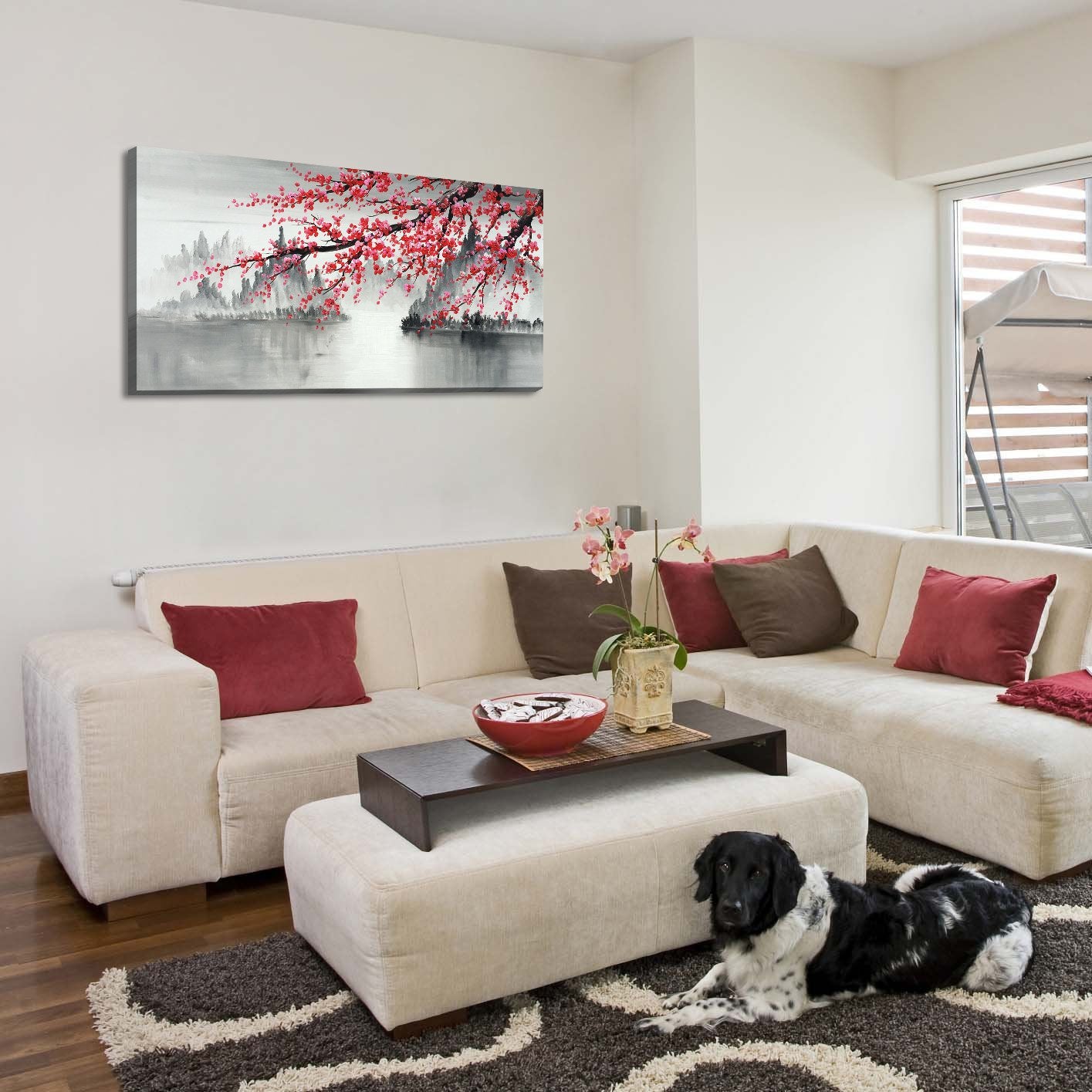 Handmade Traditional Chinese Oil Painting Pink Plum Blossom Canvas Wall Art Modern Black and White Landscape Artwork