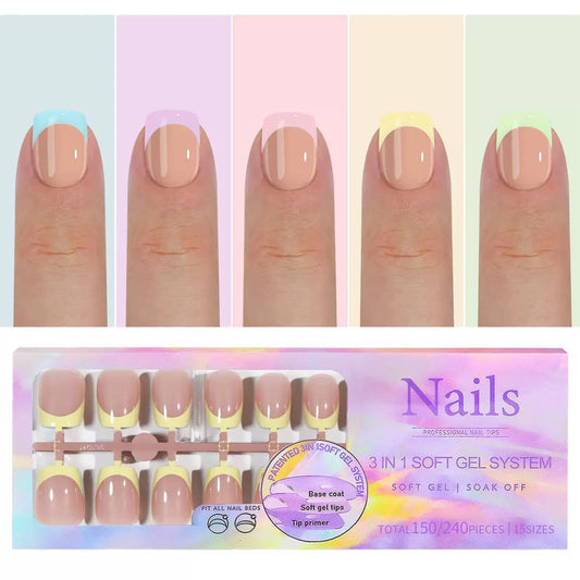 150Pcs Press on Nails Short Square Fake Nails French Tip False Nails Press ons with Designs Blue Yellow Green Nails Glossy Full Cover Acrylic Glue on Nails Stick on Nail for Women Nail Decorations
