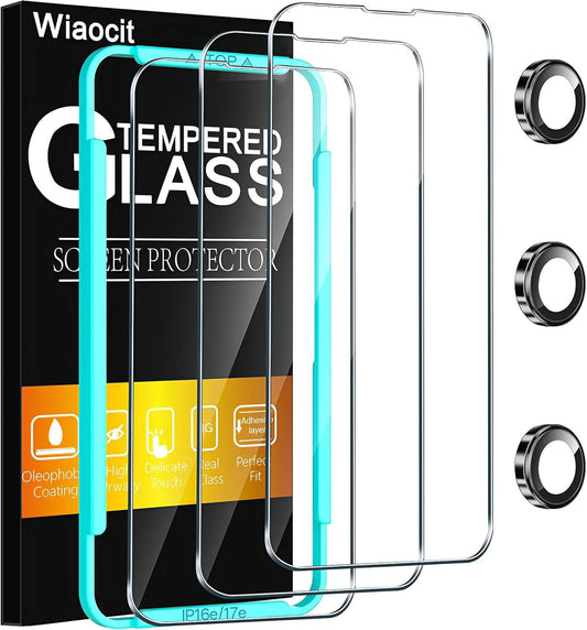 3 Pack 16e/iPhone 17e 3 Pack 9H Wiaocit Tempered Glass Screen Protector for iPhone with Camera Lens Protector