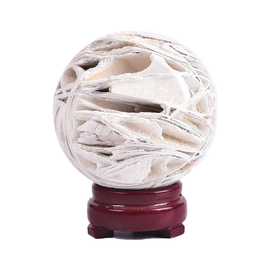 JIC Gem Natural Mexican White Agate Crystal Sphere with Wooden Stand Decorative Crystal Ball White Gemstone Sphere for Meditation,Feng Shui,Witch-Style Decor,Table 70-80mm