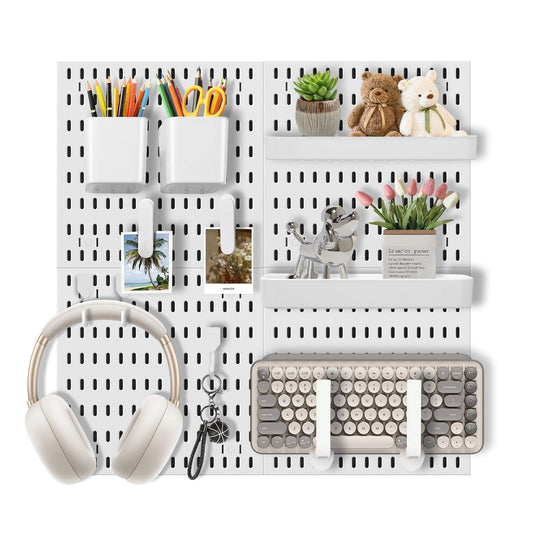Skwelom Pegboard Wall Organizer Set – 4 Peg Boards with Hooks & Shelves – Office, Kitchen, Gaming Room Desk Pegboard Storage – Peg Board Wall Display Rack (White)