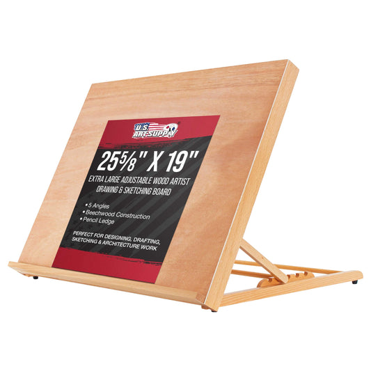 U.S. Art Supply X-Large 25-5/8" x 19" (A2) Wooden Drawing Board, Adjustable Table Top Easel for Painting and Drawing - Drafting Board with 6 Angles, Pencil Ledge, Locking Storage Drawer