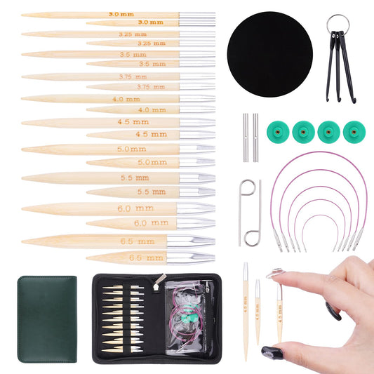 BsHooker Circular Knitting Needles Set with Case,10 Pairs Interchangeable Bamboo Knitting Needles with 5 Flexible Cables 3mm-6.5mm,Short Circular Needles 38Pcs