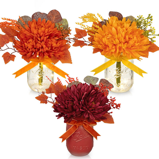 Fall Mason Jars Centerpieces with Lights for Table, Fake Mums Artificial Flowers Floral Arrangements for Autumn Decor, Faux Mums in Mason Jars Fall Decorations for Home, Harvest, Thanksgiving Decor