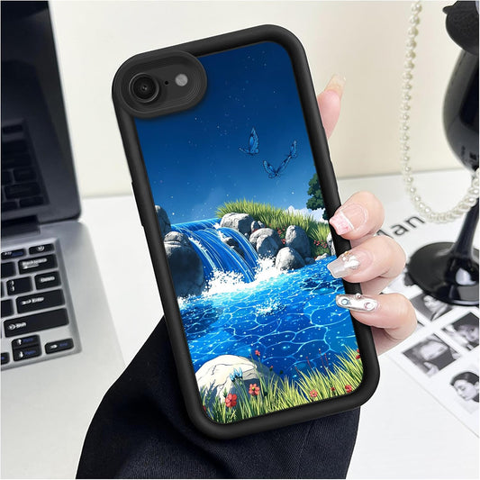 Branwen 16E 6.1 inch for iPhone Case Blue Waterfall Butterfly Soft Touch Step Design, Sparkling Water, Vivid Hues