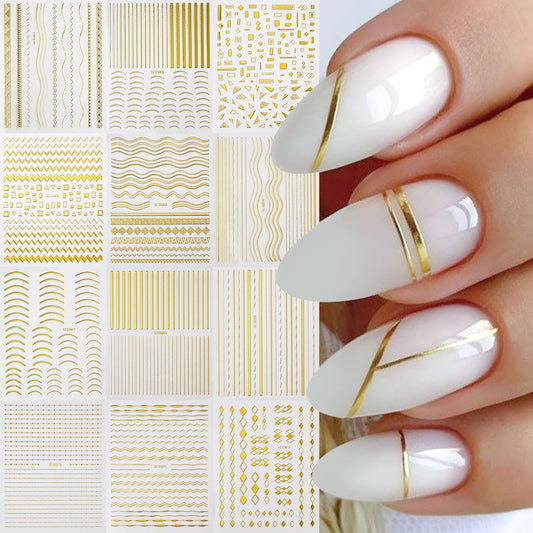 12 Sheets Gold Nail Art Stickers Gold Line Nail Stickers Irregular Nail Decals Self Adhesive Nail Art Supplies for Women Girls DIY Manicure Nail Art Decorations