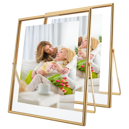 AhaGo Gold Floating Frame, 8"×10", Set of 2, Portrait, For Picture 7x9, 6x8, 5x7, Tabletop Shelf Photo Frames, Classy for Father Day, Wedding or Birthday