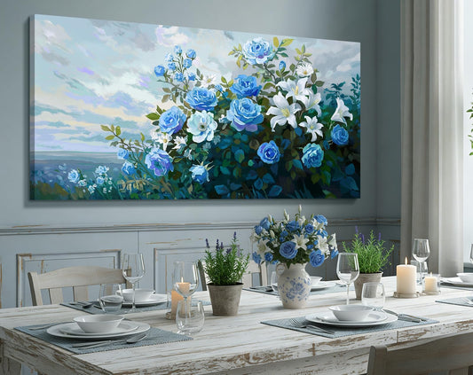 NiceTop 48x24 Inch Large Floral Canvas Wall Art, Waterproof Moisture Resistant Blue Rose White Lily Modern Botanical Artwork with Hanging Kit, Abstract Aesthetic Wrapped Canvas Print for Living Room, Bedroom, Bathroom, Boho Farmhouse Home Decor