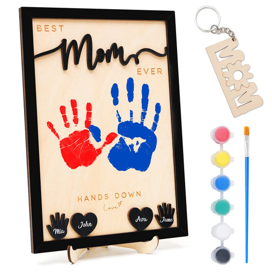 10" Hands Down Best Mom Ever DIY Handprint Kit - Wood Frame with Paints & Keychain - Kids Names Family Keepsake - Heartfelt Mother's Day or Birthday Gift To Mum (Mom)
