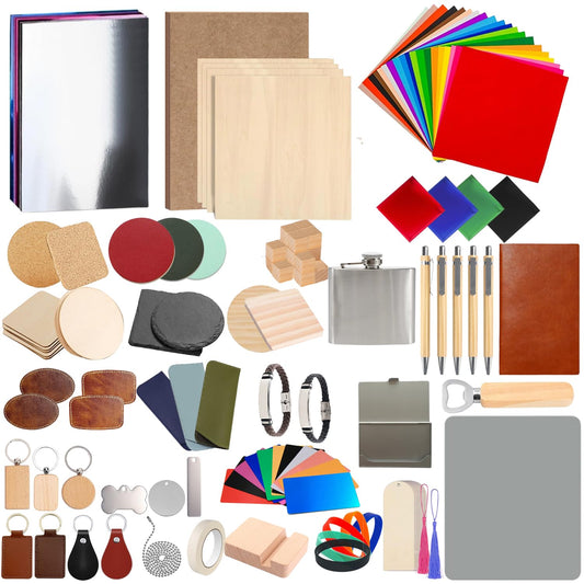 216Pcs Laser Engraving Material Kit, 27 Kinds Blanks for DIY Crafts Includes Wood, Acrylic, Metal, Fabric, Rock, PU Leather,Diatom Mud Blanks Material