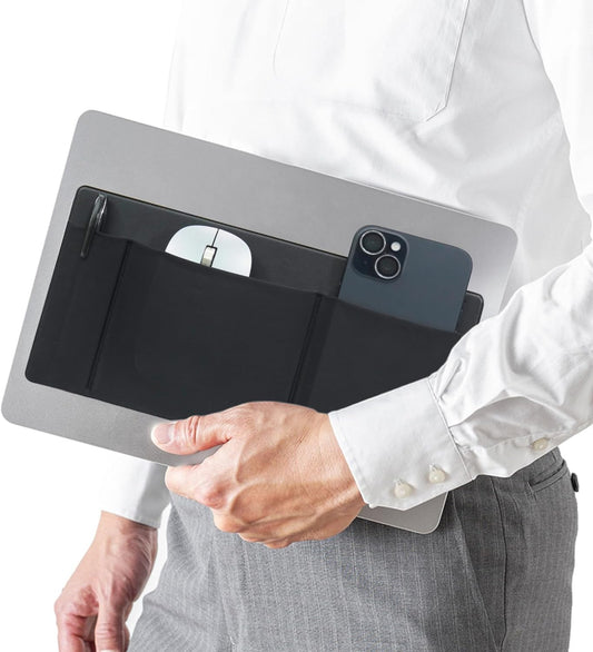 AMOZIFY 3-Pocket Organizer, Mouse Holder for Laptop Stick On, Adhesive Pouch & External Hard Drive Sleeve, SSD Storage