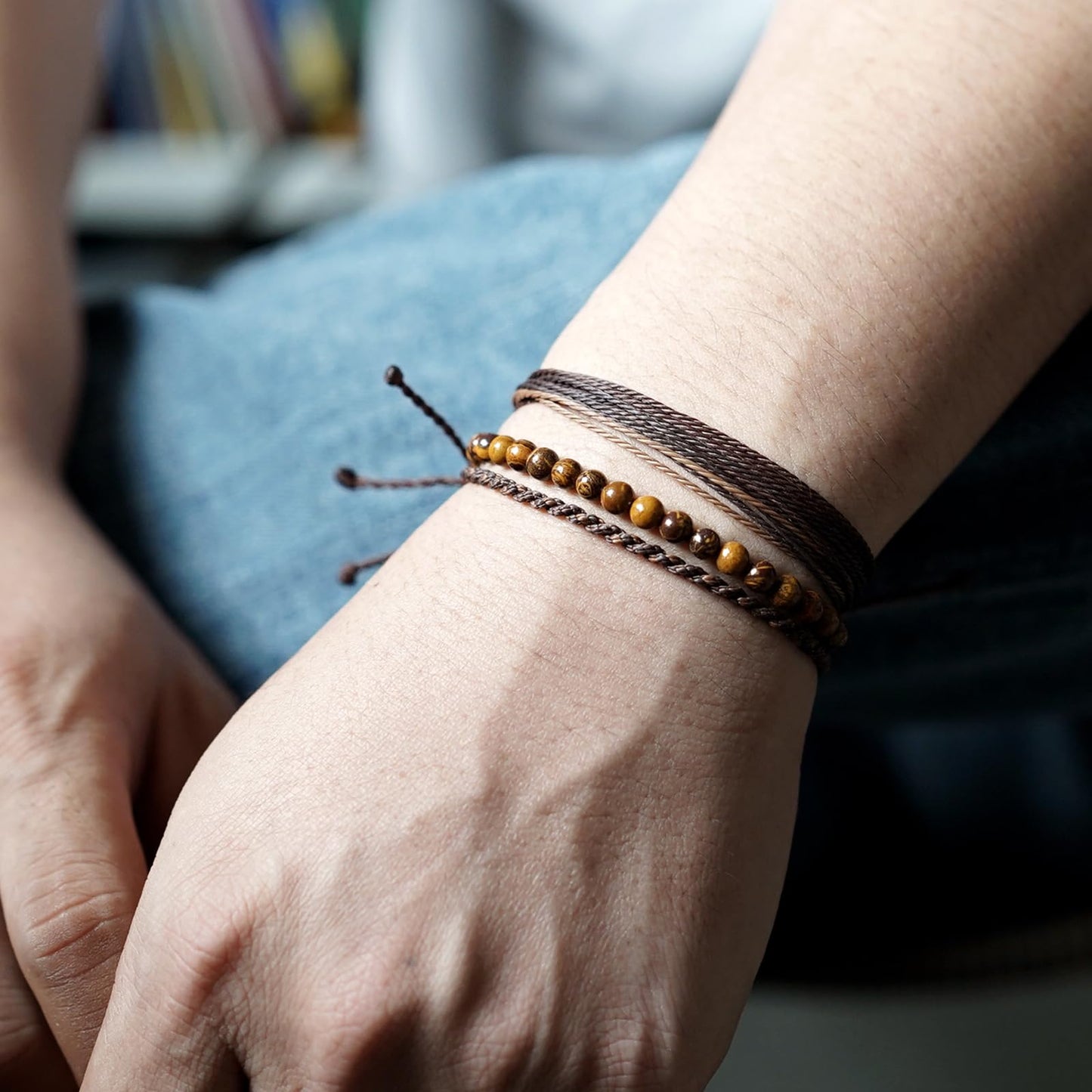 Handmade Natural Stone Beaded Healing Bracelet Gift for Men Adjustable Rope String Bracelet (Rubber stone, Adjustable)