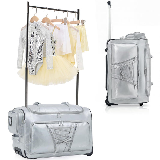 Fanwoli 23" Dance Bag with Garment Rack | Luminous Poise Collection | Waterproof Lustrous Satin Fabric | Competition Travel Duffel Luggage for Cheer, Skating, Gymnastics & Sleepover | Moonlight Silver