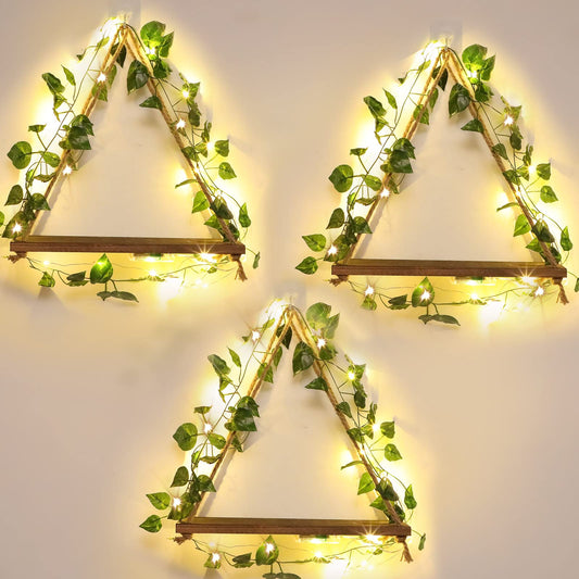 Amyhill 3 Set Artificial Ivy LED Floating Plant Shelves Wood Hanging Dorm Wall Decor Leaves and Light Strip Hanging Shelves for Bedroom Living Room Nature Wall Decoration