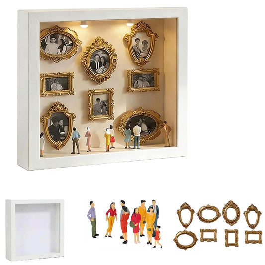 Mini Museum Silhouette Shadow Box Frame, DIY Memory Display Photo Craft Kit with LED String Lights, Mini Gold Frames & Figurines, Keepsake Box for Wedding Anniversary Family Milestone Gift (White)