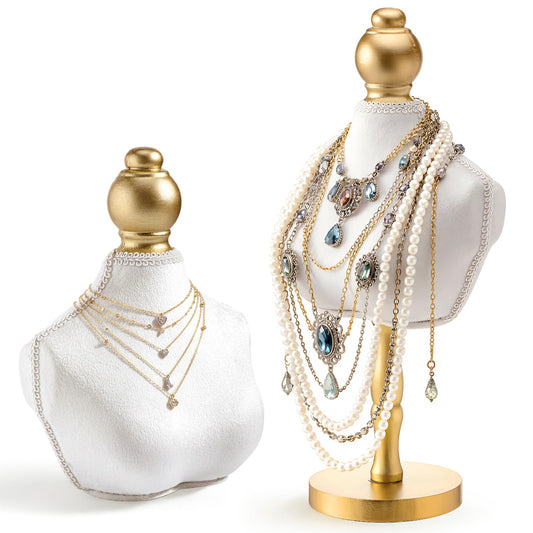 AceOrbit 2 Pcs Vintage Velvet Necklace Display Stand Mannequin Velvet Jewelry Necklace Holder Elegant Decor for Wedding Jewelry Selling Trade Shows(White,13.8 and 6.7 Inches)