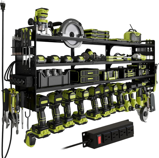 Skiennix Cordless Drill Holder - Heavy-Duty 4-Tier Tool Organizer with Pegboard & Power Strip | Wall Mount