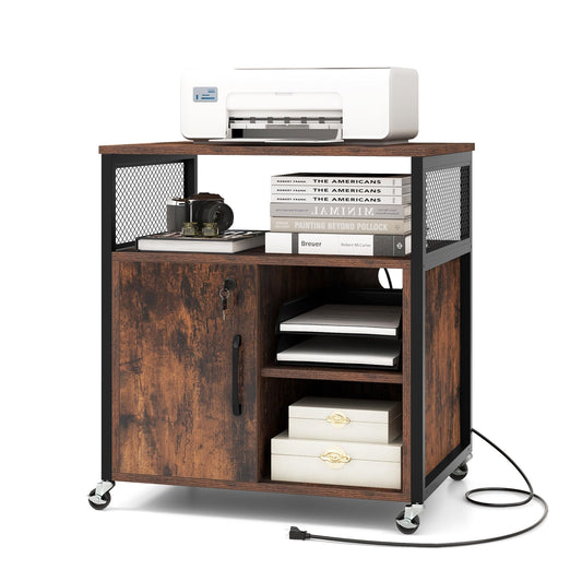 Giantex File Cabinet, Lateral Filing Cabinet with Lock, Wheels, Charging Station, Cable Hole, Lockable Side Cabinet, Adjustable Shelves, Metal Frame, Printer Stand for Home Office Small Space (Brown)