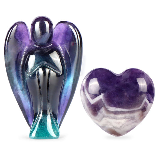 Artistone Rainbow Fluorite Crystal Guardian Angel Statue Amethyst Heart Stone Healing Chakra Set Hand Carved Gemstone Pocket Worry Stones Figurines Healing Reiki Meditation
