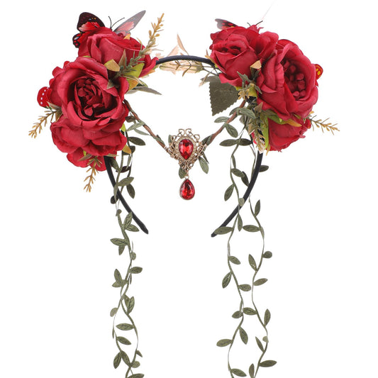 MOSTORY Red Fairy Flower Headpiece - Floral Elf Crown with Vines for Woodland Fairy Accessories Women, Forest Flower Headband with Butterflies for Renaissance Renfaire Cosplay