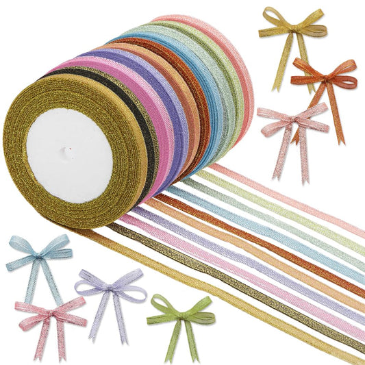 10 Rolls 250 Yards Giltter Ribbon for Gift Wrapping 1/4-Inch Metallic Glitter Ribbons (10 Colors) for Christmas Holiday Wedding Birthday Party Gifts Decoration DIY Crafts Sewing Hair Bow Clip Favors