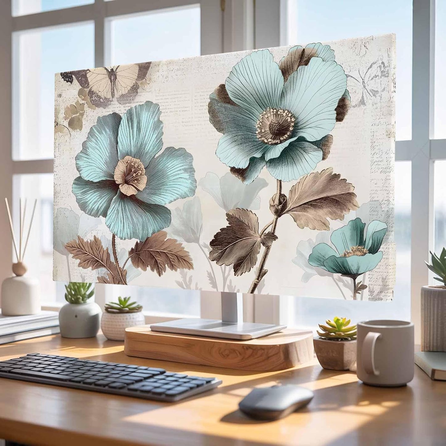 Yukro 65 Inch, 57"x32" Victorian Style Broccoli Butterfly Indoor TV Dust Cover, Blue Flowers Plant Elastic TV Dustproof