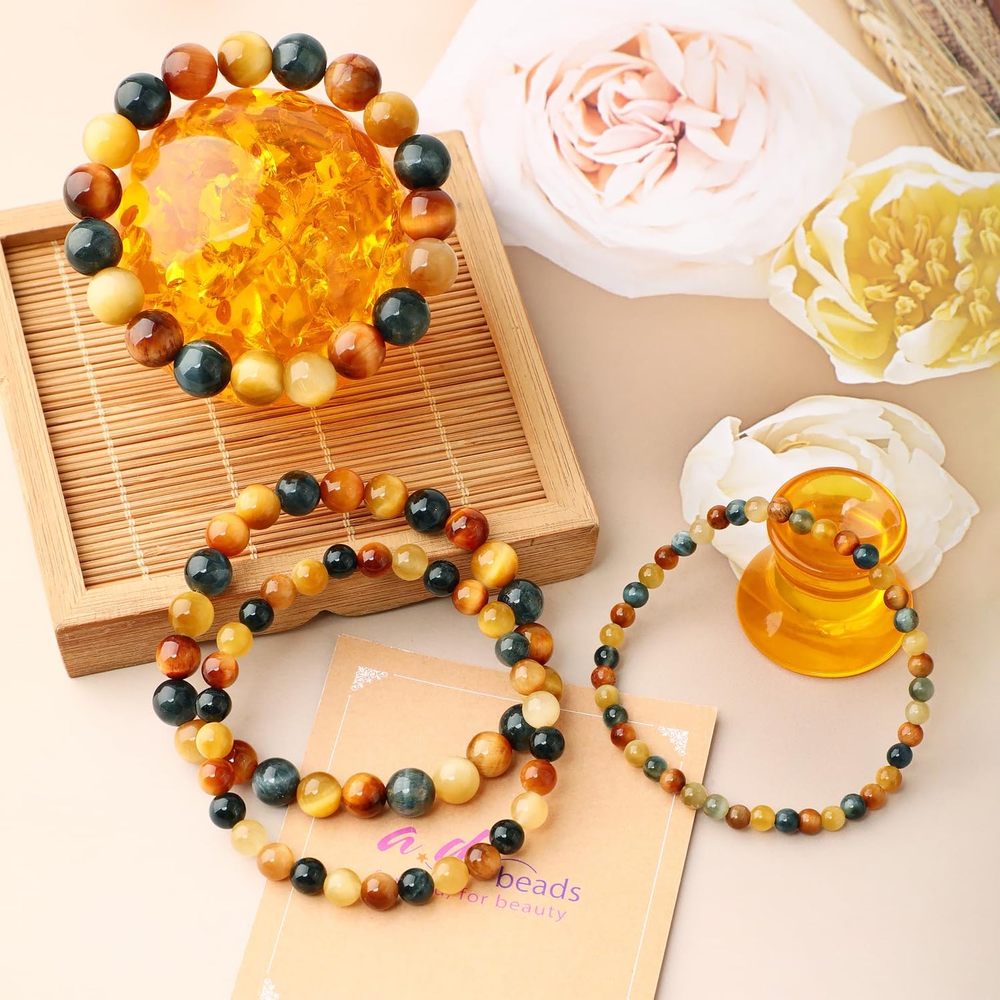 AD Beads 10mm Handmade Golden Colorful Tiger Eye Elastic Bracelet – Natural Gemstone for Warmth and power – Meditation, Yoga, Healing and Energy Gift for Men Women