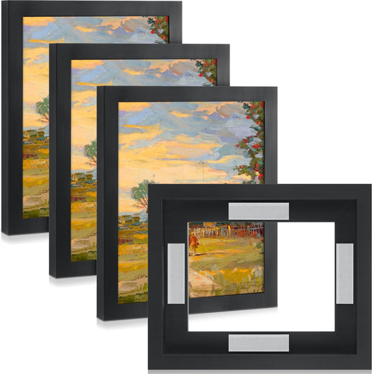 Qunclay 4 Pcs 8 x 10 Inch Canvas Floating Frame Black Floater Frames for Canvas Painting Wood Vertical and Horizontal Wall Hanging Frame with Adhesive Strips for Prints Oil Painting Diamond Decor