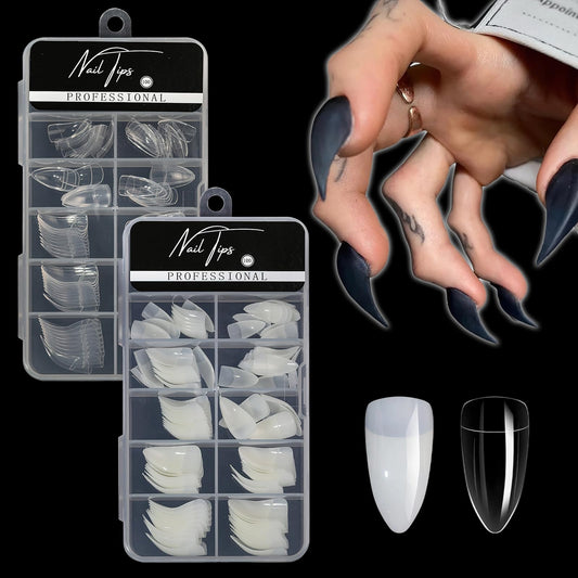 140 Pcs Eagle Claw Nail Extension Tip Pre-Shaped PP Gel Full Cover Long Curved Stiletto False Reusable Nail Tips (1, Transparent)
