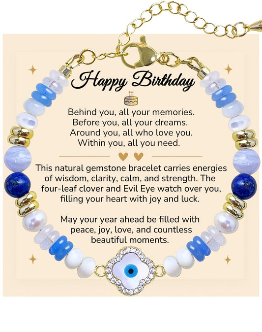 YEETONDA Evil Eye Four Leaf Clover Natural Gemstone Rainbow Bracelets Jewelry 16th 21st 30th 40th 50th 60th 70th 80th Birthday Gifts For Women Mom Sister Friend Daughter Niece(Lapis Lazuli)