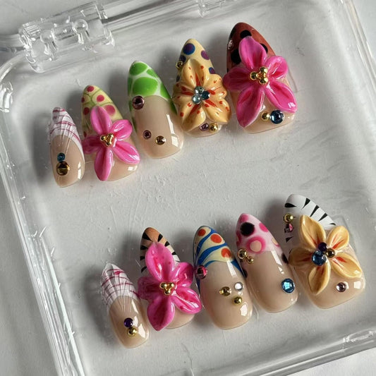 10pcs Handmade Press on Nail 3D Flower Fake Nails Colorful French Tip Press ones with Leopard Print designs Rhinestones Stick on Nail Full Cover Acrylic Summer Glue on Nails for Women Beach （m size）