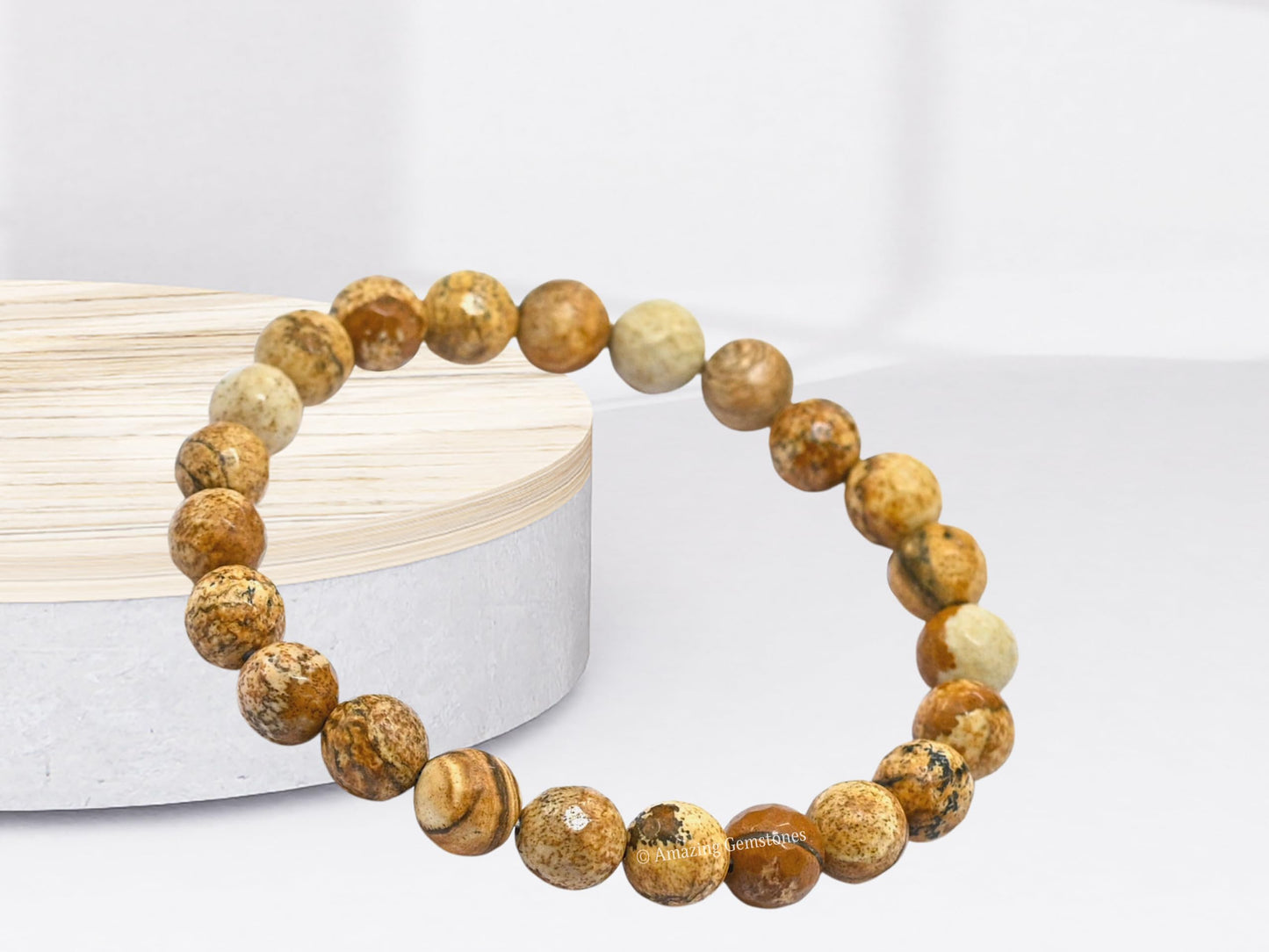 Amazing Gemstone Picture Jasper Bracelet for Women - Chakra Mens Bracelet Protection Crystals&Healing Stones - Blessing Bracelet Spiritual Meditation Gift (Faceted Beaded Bracelet)